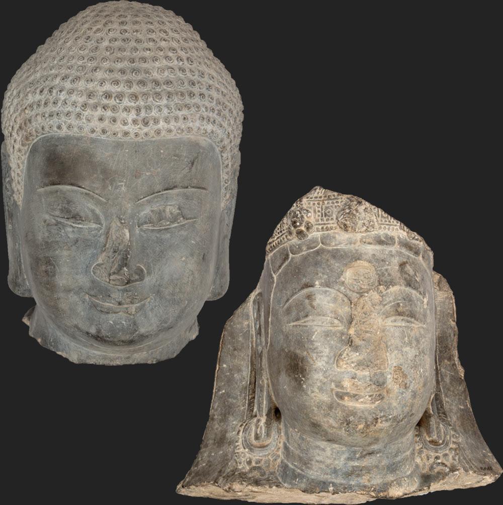 Heads from sculptures of the Buddha and a bodhisattva